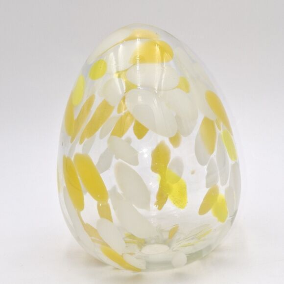 6" Hand Blown Art Glass Hollow Egg Yellow Spotted Pattern Decor Paper Weight - Picture 2 of 8